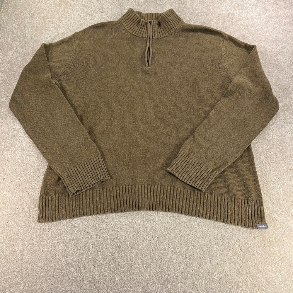 Eddie Bauer Quarter Zip Sweater Mens XL Olive Green‎ 100% Cotton Knit